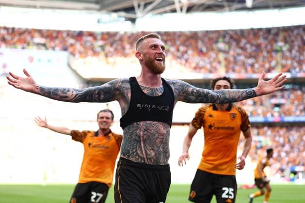 Oliver McBurnie of Hull City celebrates scoring to make it 1-0 Hull City v Middlesbrough, EFL Sky Bet Championship, Play-Off Final, Football, Wembley Stadium, London, UK - 23 May 2026London Wembley Stadium United Kingdom EDITORIAL USE ONLY No use with unauthorised audio, video, data, fixture lists, club league logos or live services. Online in-match use limited to 120 images, no video emulation. No use in betting, games or single club league player publications. Copyright: xJamesxMarsh Shutterstockx 16887365jk