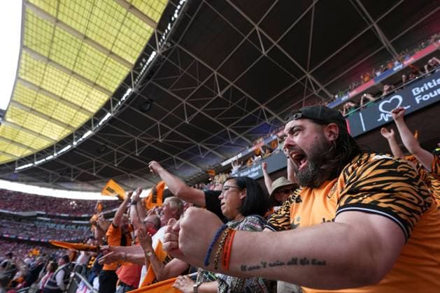 Hull City fans celebrate at full time Hull City v Middlesbrough, EFL Sky Bet Championship, Play-Off Final, Football, Wembley Stadium, London, UK - 23 May 2026London Wembley Stadium United Kingdom EDITORIAL USE ONLY No use with unauthorised audio, video, data, fixture lists, club league logos or live services. Online in-match use limited to 120 images, no video emulation. No use in betting, games or single club league player publications. Copyright: xJoexToth Shutterstockx 16887366ke