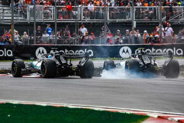 F1 - CANADIAN GRAND PRIX 2026 12 KIMI ANTONELLI Andrea (ita), Mercedes AMG F1 Team W17, 63 RUSSELL George (gbr), Mercedes AMG F1 Team W17, action contact during the Formula 1 Grand Prix du Canada 2026, 5th round of the 2026 Formula One World Championship, WM, Weltmeisterschaft from May 22 to 24, 2026 on the Circuit Gilles Villeneuve, in Montrà al, Canada - Montrà alCanada Copyright: xDPPIx