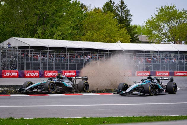 F1 - CANADIAN GRAND PRIX 2026 12 KIMI ANTONELLI Andrea (ita), Mercedes AMG F1 Team W17, RUSSELL George (gbr), Mercedes AMG F1 Team W17, portrait overtake, overtaking, dà passement, depassement, overtakes, contact crash, accident, during the Formula 1 Grand Prix du Canada 2026, 5th round of the 2026 Formula One World Championship, WM, Weltmeisterschaft from May 22 to 24, 2026 on the Circuit Gilles Villeneuve, in Montrà al, Canada - Montrà alCanada Copyright: xDPPIx