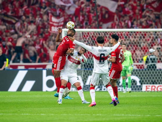 Sport Bilder des Tages Fußball, Herren, Saison 2025 2026, 83. DFB-Pokal-Finale, FC Bayern München - VfB Stuttgart, v.l. Jonathan Tah (Bayern München), Deniz Undav (Stuttgart), Angelo Stiller (Stuttgart), Aleksandar Pavlovic (Bayern München), 23.05. 2026, Copyright: xMatthiasxKochx