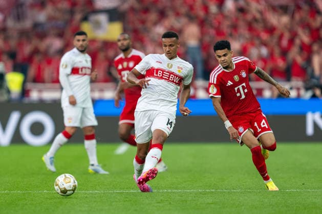 Luca Jaquez (VfB Stuttgart, 14) Pass, Luis Diaz (FC Bayern Muenchen, 14), GER, FC Bayern Muenchen vs. VfB Stuttgart, Fussball, Herren, DFB-Pokal, Finale, Spielzeit 2025 2026, 23.05.2026 DFL REGULATIONS PROHIBIT ANY USE OF PHOTOGRAPHS AS IMAGE SEQUENCES AND OR QUASI-VIDEO GER, FC Bayern Muenchen vs. VfB Stuttgart, Fussball, Herren, DFB-Pokal, Finale, Spielzeit 2025 2026, 23.05.2026 Berlin Copyright: xEibner-Pressefoto MaxxVincenx EP_MVN