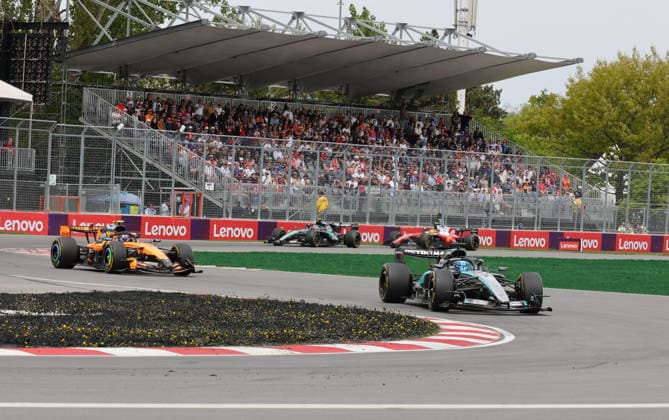 23.05.2026, Circuit Gilles-Villeneuve, Montreal, FORMULA 1 LENOVO GRAND PRIX DU CANADA 2026 , im Bild George Russell (GBR), Mercedes-AMG Petronas Formula One Team, Lando Norris (GBR), McLaren Mastercard F1 Team, Andrea Kimi Antonelli (ITA), Lewis Hamilton (GBR), Scuderia Ferrari HP (Photo by Mark Urquhart Hasan Bratic DeFodi Images) -