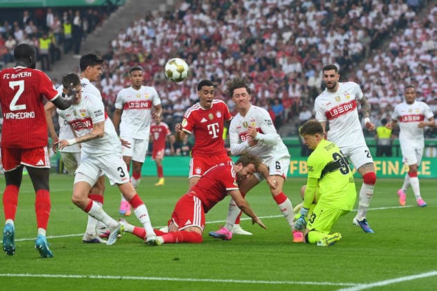 Strafraumszene.v.re.Torwart Alexander NUEBEL (VFB Stuttgart),Jeff CHABOT (VFB Stuttgart), Angelo STILLER (VFB Stuttgart), Harry KANE (Bayern Muenchen), Jamal MUSIALA (Bayern Muenchen), Ramon HENDRIKS (VFB Stuttgart),Chema ANDRES (VFB Stuttgart),Dayot UPAMECANO (Bayern Muenchen), Aktion,Zweikampf Fussball 83. DFB Pokal Finale 2026 FC Bayern Muenchen - VfB Stuttgart am 23.05.2026, Olympiastadion in Berlin. DFL DFB regulations prohibit any use of photographs as image sequences and or quasi-video