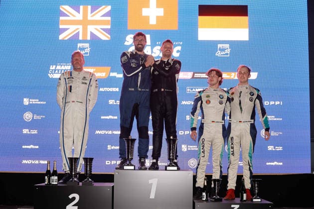 LE MANS CLASSIC SERIES 2026 - SPA-CLASSIC 01 GUENAT Maxime (che), Shelby Cobra Daytona Coupe 1965, Sixties Endurance, action, 43 THORPE James (gbr), MITCHELL Jonathan (gbr), Jaguar E-Type 3.8 1965, Sixties Endurance, 53 GRAF VON WEDEL Lando (deu), GRAF VON WEDEL Alexis (deu), Lotus Elan S1 1965, Sixties Endurance, Podium portrait during the 2026 Spa-Classic, 2nd round of the Le Mans Classic Series 2026, from May 22 to 24 in Circuit de Spa-Francorchamps, in Stavelot, Belgium - StavelotBelgium Copyright: xPauloxMariax