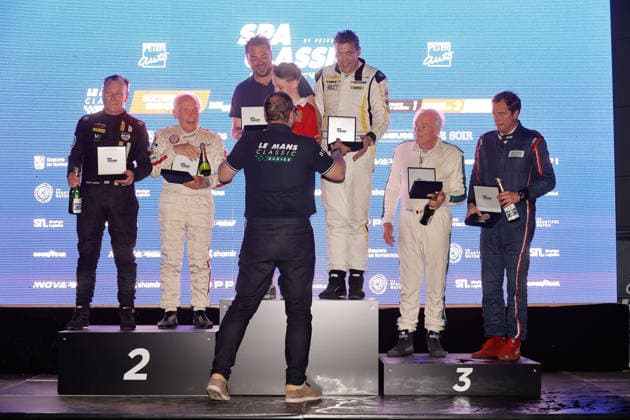 LE MANS CLASSIC SERIES 2026 - SPA-CLASSIC 61 OREBI GANN Simon (gbr), LOCKIE Calum (gbr), Morgan SLR 1965, Sixties Endurance,161 LIBENS Serge (bel), COLLARD Jean-Andrà (bel), Austin-Healey 3000 Mk II 1962, Sixties Endurance, 188 ROLNER Andreas (dnk), ROLNER Lars (dnk), Ferrari 275 GTB 1965, Sixties Endurance, Podium portrait during the 2026 Spa-Classic, 2nd round of the Le Mans Classic Series 2026, from May 22 to 24 in Circuit de Spa-Francorchamps, in Stavelot, Belgium - StavelotBelgium Copyright: xPauloxMariax