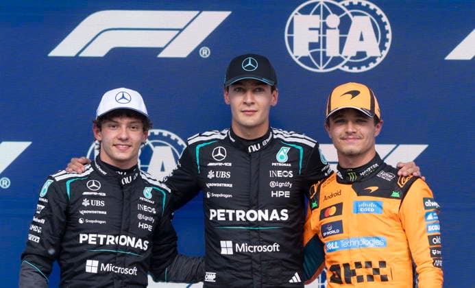 May 23, 2026, Montreal, Qc, CANADA: Mercedes driver George Russell, of the United Kingdom, celebrates after taking pole flanked by second place Mercedes driver Andrea Kimi Antonelli, left, of Italy, and third place McLaren driver Lando Norris, of the United Kingdom, for qualifying at the Formula One auto racing Canadian Grand Prix in Montreal on Saturday, May 23, 2026. Canada News - May 23, 2026 - ZUMAc35_ 20260523_zaf_c35_081 Copyright: xChristinnexMuschix