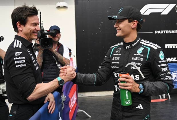 May 23, 2026, Montreal, Qc, CANADA: Mercedes driver George Russell, right, of the United Kingdom, is congratulated by team principal Toto Wolff after taking pole following qualifying at the Formula One auto racing Canadian Grand Prix in Montreal on Saturday, May 23, 2026. Canada News - May 23, 2026 - ZUMAc35_ 20260523_zaf_c35_110 Copyright: xGrahamxHughesx