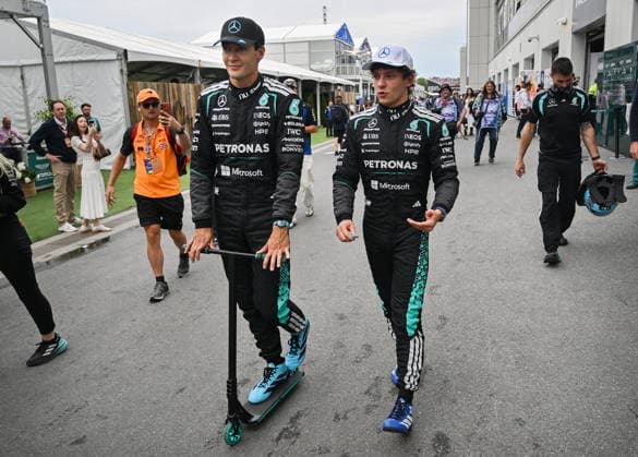 May 23, 2026, Montreal, Qc, CANADA: Mercedes driver George Russell, left, of the United Kingdom, talks with teammate Andrea Kimi Antonelli, of Italy, after placing first and second following qualifying at the Formula One auto racing Canadian Grand Prix in Montreal on Saturday, May 23, 2026. Canada News - May 23, 2026 - ZUMAc35_ 20260523_zaf_c35_111 Copyright: xGrahamxHughesx