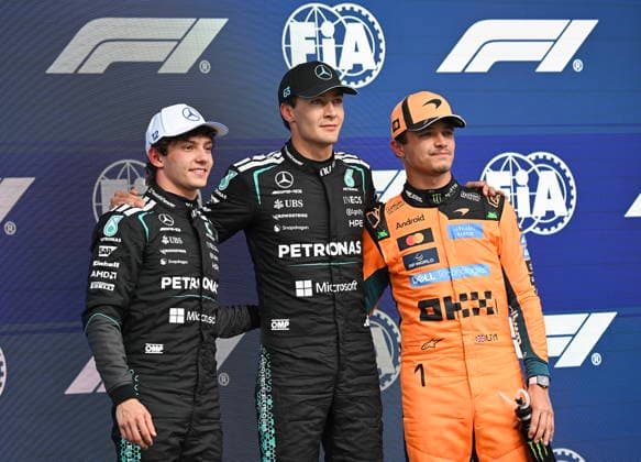 May 23, 2026, Montreal, Qc, CANADA: Mercedes driver George Russell, of the United Kingdom, celebrates after taking pole flanked by second place Mercedes driver Andrea Kimi Antonelli, left, of Italy, and third place McLaren driver Lando Norris, of the United Kingdom, for qualifying at the Formula One auto racing Canadian Grand Prix in Montreal on Saturday, May 23, 2026. Canada News - May 23, 2026 - ZUMAc35_ 20260523_zaf_c35_109 Copyright: xGrahamxHughesx