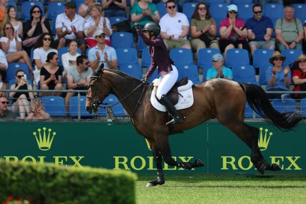 Janika Sprunger (SUI) mit Pferd Victory Music Z, Jubel, Jubelfaust, Siegerfaust, Emotion, 1. Platz, Siegerin, S9 - Preis des Handwerks, Youngster-Tour Finale, CSIYH1* - Springprüfung mit Stechen für junge Pferde , Weltfest des Pferdesports, World Equestrian Festival, TSCHIO Aachen 2026, TSCHIO statt CHIO 2026, Aachener Soers, 22. bis 24. Mai 2026, Reitsport, 24.05.2026, Aachen Aachener Soers Deutschland