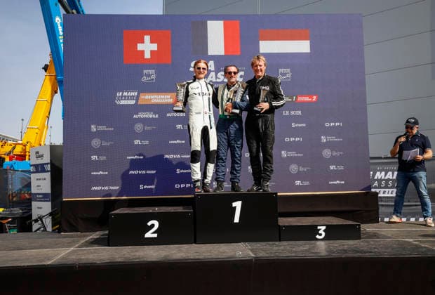 LE MANS CLASSIC SERIES 2026 - SPA-CLASSIC VERQUIN Luc-Pierre (fra), Lister Knobbly Chevrolet 1958, The Gentlemen Challenge, portrait, podium with KRIKNOFF Serge (che), Lotus 15 1959, The Gentlemen Challenge and JONES Catesby (usa), Porsche 904 6 Carrera GTS 1964, The Gentlemen Challenge during the 2026 Spa-Classic, 2nd round of the Le Mans Classic Series 2026, from May 22 to 24 in Circuit de Spa-Francorchamps, in Stavelot, Belgium - StavelotBelgium Copyright: xGREGORYxLENORMANDx