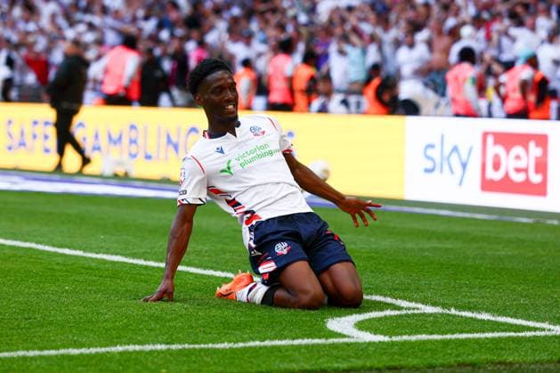 Amario Cozier-Duberry of Bolton Wanderers celebrates the own goal by Kyle Wootton of Stockport County to make it 2-1 Bolton Wanderers v Stockport County, EFL Sky Bet League One, Play-Off Final, Football, Wembley Stadium, London, UK - 24 May 2026London Wembley Stadium United Kingdom EDITORIAL USE ONLY No use with unauthorised audio, video, data, fixture lists, club league logos or live services. Online in-match use limited to 120 images, no video emulation. No use in betting, games or single club league player publications. Copyright: xPaulxCurrie Shutterstockx 16889803ds