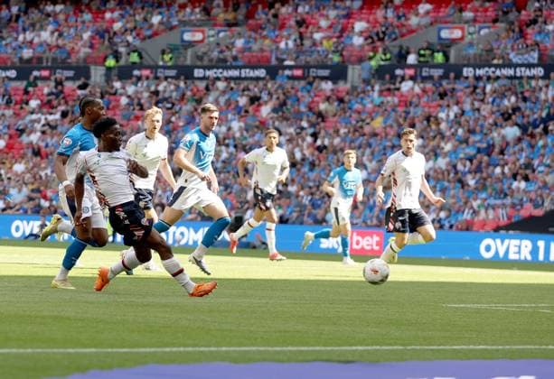 Amario Cozier-Duberry of Bolton Wanderers attempts a shot on goal that leads to an own goal by Kyle Wootton of Stockport County (not pictured) for Bolton Wanderers second goal of the game Bolton Wanderers v Stockport County, EFL Sky Bet League One, Play-Off Final, Football, Wembley Stadium, London, UK - 24 May 2026London Wembley Stadium United Kingdom EDITORIAL USE ONLY No use with unauthorised audio, video, data, fixture lists, club league logos or live services. Online in-match use limited to 120 images, no video emulation. No use in betting, games or single club league player publications. Copyright: xKieranxMcManus Shutterstockx 16889802dg