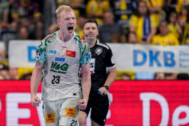 Torschütze Magnus Saugstrup (SCM, 23), Spieler vom SC Magdeburg, jubelt über ein Tor, Jubel, jubeln, Torjubel, Torerfolg, celebrate the goal, goal, celebration, jubelt ueber das Tor, Freuen, Freude, freut sich, optimistisch, positiv, Spielszene, Highlight, Einzelbild, Einzelfoto, Aktion, Action, 24.05.2026, Mannheim (Deutschland), Handball, Bundesliga, Rhein-Neckar Löwen - SC Magdeburg