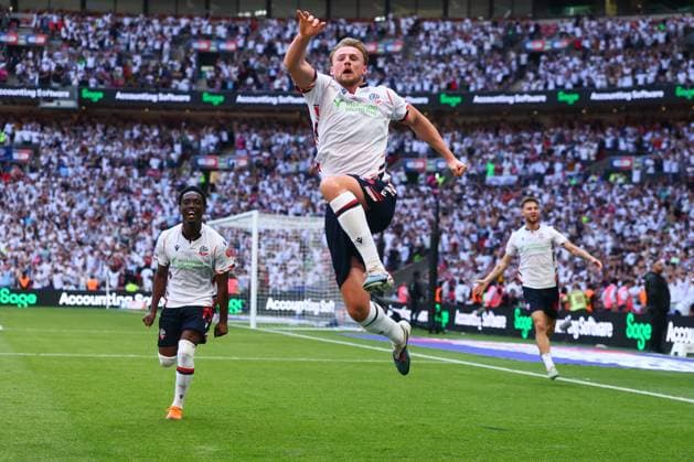 Sam Dalby of Bolton Wanderers celebrates scoring to make it 3-1 Bolton Wanderers v Stockport County, EFL Sky Bet League One, Play-Off Final, Football, Wembley Stadium, London, UK - 24 May 2026London Wembley Stadium United Kingdom EDITORIAL USE ONLY No use with unauthorised audio, video, data, fixture lists, club league logos or live services. Online in-match use limited to 120 images, no video emulation. No use in betting, games or single club league player publications. Copyright: xPaulxCurrie Shutterstockx 16889803ed