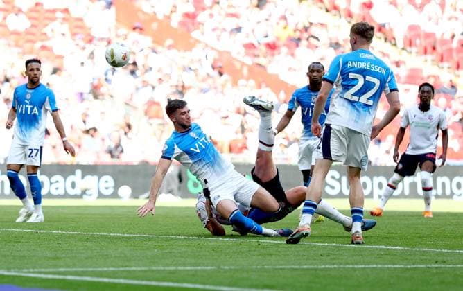 Sam Dalby of Bolton Wanderers scores their side s third goal of the game Bolton Wanderers v Stockport County, EFL Sky Bet League One, Play-Off Final, Football, Wembley Stadium, London, UK - 24 May 2026London Wembley Stadium United Kingdom EDITORIAL USE ONLY No use with unauthorised audio, video, data, fixture lists, club league logos or live services. Online in-match use limited to 120 images, no video emulation. No use in betting, games or single club league player publications. Copyright: xSimonxDael Shutterstockx 16889811fb