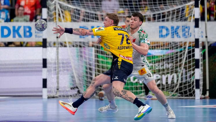 v.li.: Edwin Aspenbäck (RNL, 78), Elvar Örn Jonsson (SCM, 19), Zweikampf, Spielszene, Duell, duel, tackle, tackling, Dynamik, Action, Aktion, 24.05.2026, Mannheim (Deutschland), Handball, Bundesliga, Rhein-Neckar Löwen - SC Magdeburg
