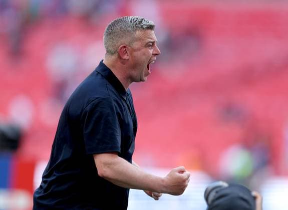 Steven Schumacher manager of Bolton Wanderers celebrates after winning the Sky Bet EFL League One Play-off Final and promotion to the Sky Bet EFL Championship Bolton Wanderers v Stockport County, EFL Sky Bet League One, Play-Off Final, Football, Wembley Stadium, London, UK - 24 May 2026London Wembley Stadium United Kingdom EDITORIAL USE ONLY No use with unauthorised audio, video, data, fixture lists, club league logos or live services. Online in-match use limited to 120 images, no video emulation. No use in betting, games or single club league player publications. Copyright: xKieranxMcManus Shutterstockx 16889802dy