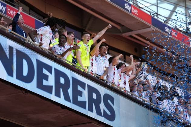 Bolton Wanderers fans celebrate in the Royal Box with the League one Play-off final trophy Bolton Wanderers v Stockport County, EFL Sky Bet League One, Play-Off Final, Football, Wembley Stadium, London, UK - 24 May 2026London Wembley Stadium United Kingdom EDITORIAL USE ONLY No use with unauthorised audio, video, data, fixture lists, club league logos or live services. Online in-match use limited to 120 images, no video emulation. No use in betting, games or single club league player publications. Copyright: xJoexToth Shutterstockx 16889806ga
