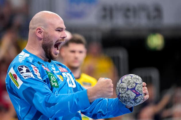 Mike Jensen (Torwart, RNL, 20), Spieler der Rhein-Neckar-Löwen, Einzelbild, Einzelfoto, Aktion, Action, Jubel, jubeln, jubelt, celebration, Freude, freuen, freut sich, zuversichtlich, optimistisch, positiv, Spielszene, 24.05.2026, Mannheim (Deutschland), Handball, Bundesliga, Rhein-Neckar Löwen - SC Magdeburg