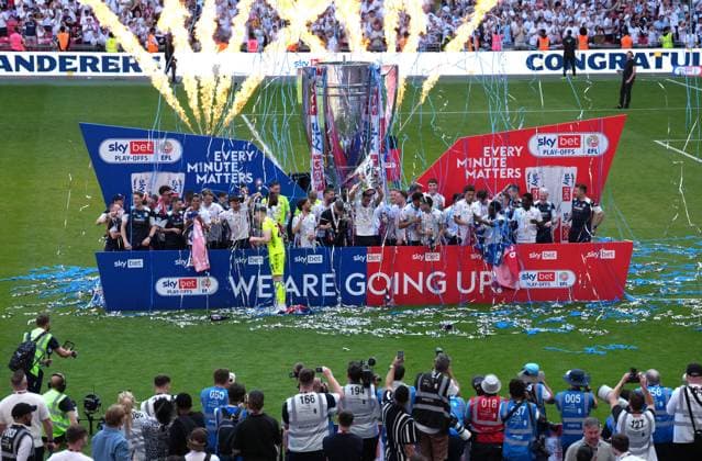 League One Play off final Winning club celebrations on winners boards, Bolton Wanderers Bolton Wanderers v Stockport County, EFL Sky Bet League One, Play-Off Final, Football, Wembley Stadium, London, UK - 24 May 2026London Wembley Stadium United Kingdom EDITORIAL USE ONLY No use with unauthorised audio, video, data, fixture lists, club league logos or live services. Online in-match use limited to 120 images, no video emulation. No use in betting, games or single club league player publications. Copyright: xJoexToth Shutterstockx 16889806gw