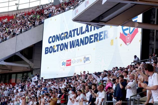 Bolton Wanderers celebrate with the trophy after winning the EFL Championship Play-off Final and promotion to the Premier League Bolton Wanderers v Stockport County, EFL Sky Bet League One, Play-Off Final, Football, Wembley Stadium, London, UK - 24 May 2026London Wembley Stadium United Kingdom EDITORIAL USE ONLY No use with unauthorised audio, video, data, fixture lists, club league logos or live services. Online in-match use limited to 120 images, no video emulation. No use in betting, games or single club league player publications. Copyright: xIanxTuttle Shutterstockx 16889808ds