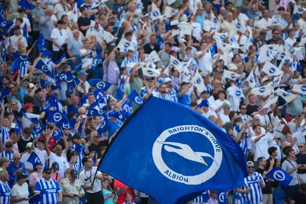 Brighton fans wave flag prior to kick-off. Brighton and Hove Albion v Manchester United, ManU Premier League, Football, American Express Community Stadium, Brighton, UK - 24 May 2026Brighton American Express Community Stadi United Kingdom EDITORIAL USE ONLY No use with unauthorised audio, video, data, fixture lists, club league logos or live services. Online in-match use limited to 120 images, no video emulation. No use in betting, games or single club league player publications. Copyright: xSeanxRyan Shutterstockx 16889822g