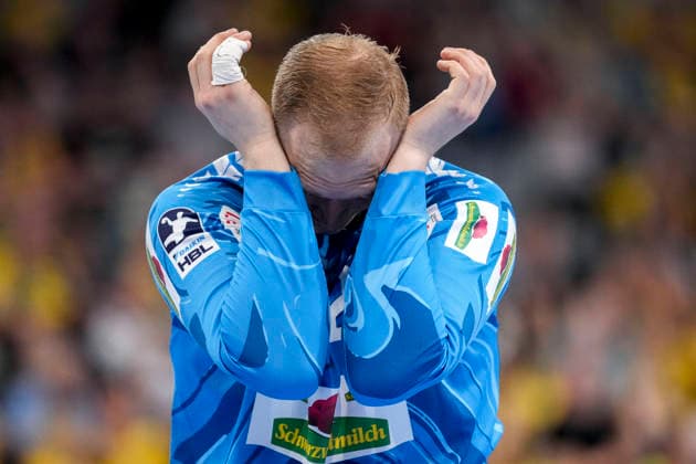 David Späth (Torwart, RNL, 29), Spieler der Rhein-Neckar-Löwen, Einzelbild, Einzelfoto, Aktion, Action, enttäuscht schauend, Enttäuschung, Frustration, disappointed, pessimistisch, 24.05.2026, Mannheim (Deutschland), Handball, Bundesliga, Rhein-Neckar Löwen - SC Magdeburg