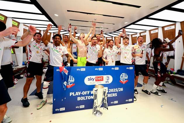 Bolton Wanderers celebrate in the changing room with the Sky Bet League One Play Off Trophy Bolton Wanderers v Stockport County, EFL Sky Bet League One, Play-Off Final, Football, Wembley Stadium, London, UK - 24 May 2026London Wembley Stadium United Kingdom EDITORIAL USE ONLY No use with unauthorised audio, video, data, fixture lists, club league logos or live services. Online in-match use limited to 120 images, no video emulation. No use in betting, games or single club league player publications. Copyright: xPaulxCurrie Shutterstockx 16889803fz