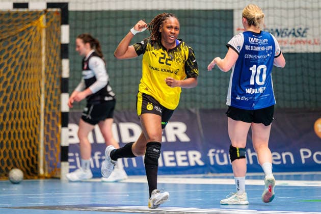 Deborah Lassource (Borussia Dortmund, 22) jubelt ueber einen Torerfolg GER, HSG Blomberg-Lippe vs. Borussia Dortmund, Handball, 1. Bundesliga Frauen, Play-Offs, Finale, Spiel 2, 24.05.2026 GER, HSG Blomberg-Lippe vs. Borussia Dortmund, Handball, 1. Bundesliga Frauen, Play-Offs, Finale, Spiel 2, 24.05.2026 Blomberg Copyright: xEibner-Pressefoto JanxRollingerx EP_JSK