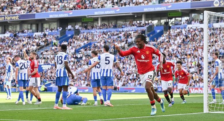 Patrick Dorgu of Manchester United, ManU celebrates after scoring the first goal during the Premier League match between Brighton and Hove Albion and Manchester United at the American Express Stadium , Brighton , UK - 24th May 2026 Brighton & Hove Albion vs Manchester United Premier League Football, Amex Stadium, Sussex, United Kingdom - 24 May 2026Brighton Amex Stadium Sussex United Kingdom EDITORIAL USE ONLY No use with unauthorised audio, video, data, fixture lists, club league logos or live services. Online in-match use limited to 120 images, no video emulation. No use in betting, games or single club league player publications. . No mer Copyright: xSimonxDack TPI Shutterstockx 16895822w