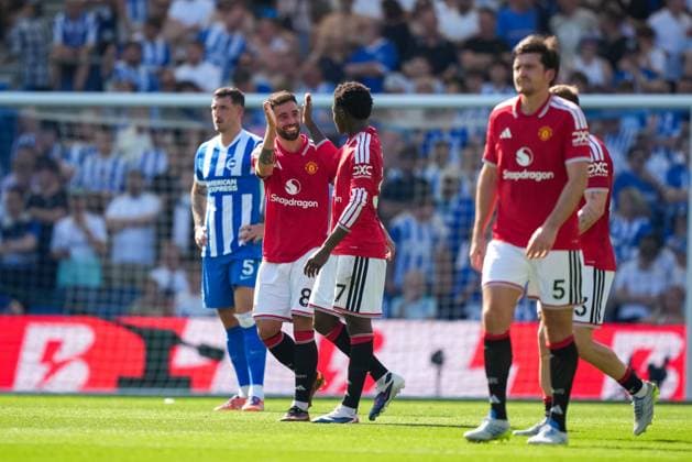 Bruno Fernandes of Manchester United, ManU celebrates another goal assist. Brighton and Hove Albion v Manchester United, Premier League, Football, American Express Community Stadium, Brighton, UK - 24 May 2026Brighton American Express Community Stadi United Kingdom EDITORIAL USE ONLY No use with unauthorised audio, video, data, fixture lists, club league logos or live services. Online in-match use limited to 120 images, no video emulation. No use in betting, games or single club league player publications. Copyright: xSeanxRyan Shutterstockx 16889822l