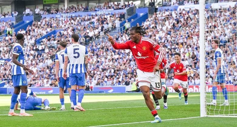 Patrick Dorgu of Manchester United, ManU celebrates after scoring the first goal during the Premier League match between Brighton and Hove Albion and Manchester United at the American Express Stadium , Brighton , UK - 24th May 2026 Brighton & Hove Albion vs Manchester United Premier League Football, Amex Stadium, Sussex, United Kingdom - 24 May 2026Brighton Amex Stadium Sussex United Kingdom EDITORIAL USE ONLY No use with unauthorised audio, video, data, fixture lists, club league logos or live services. Online in-match use limited to 120 images, no video emulation. No use in betting, games or single club league player publications. . No mer Copyright: xSimonxDack TPI Shutterstockx 16895822z