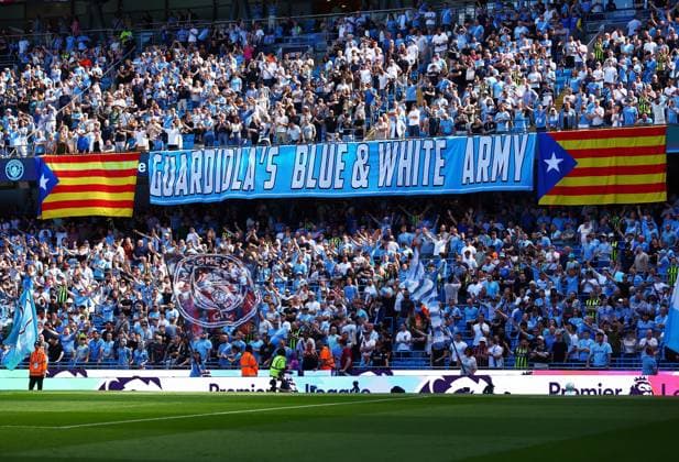 A banner is displayed for Manchester City manager Pep Guardiola Manchester City v Aston Villa, Premier League, Football, Etihad Stadium, Manchester, UK - 24 May 2026Manchester Etihad Stadium United Kingdom EDITORIAL USE ONLY No use with unauthorised audio, video, data, fixture lists, club league logos or live services. Online in-match use limited to 120 images, no video emulation. No use in betting, games or single club league player publications. Copyright: xMattxWest Shutterstockx 16889851aa