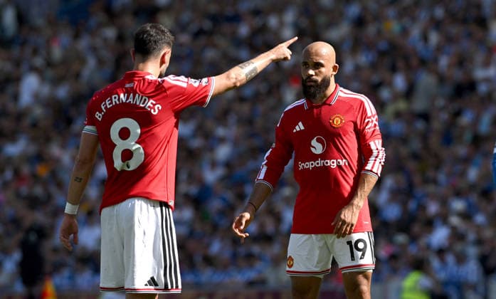 Bruno Fernandes of Manchester United, ManU with Bryan Mbeumo of Manchester United during the Premier League match between Brighton and Hove Albion and Manchester United at the American Express Stadium , Brighton , UK - 24th May 2026 Brighton & Hove Albion vs Manchester United Premier League Football, Amex Stadium, Sussex, United Kingdom - 24 May 2026Brighton Amex Stadium Sussex United Kingdom EDITORIAL USE ONLY No use with unauthorised audio, video, data, fixture lists, club league logos or live services. Online in-match use limited to 120 images, no video emulation. No use in betting, games or single club league player publications. . No mer Copyright: xSimonxDack TPI Shutterstockx 16895822ah