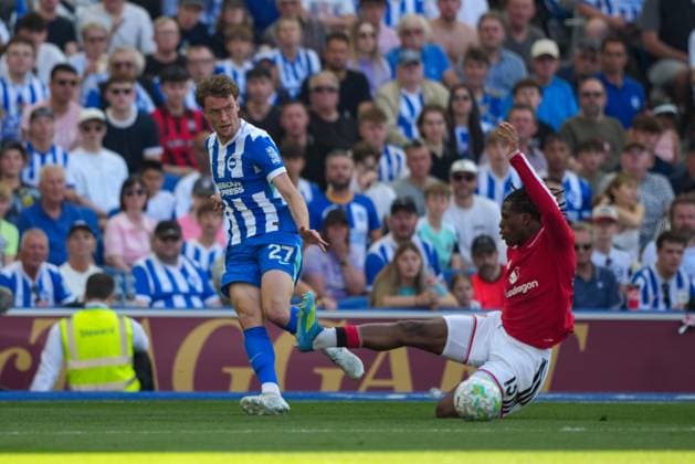 Mats Wieffer of Brighton passes while under pressure fromPatrick Dorgu of Manchester United, ManU Brighton and Hove Albion v Manchester United, Premier League, Football, American Express Community Stadium, Brighton, UK - 24 May 2026Brighton American Express Community Stadi United Kingdom EDITORIAL USE ONLY No use with unauthorised audio, video, data, fixture lists, club league logos or live services. Online in-match use limited to 120 images, no video emulation. No use in betting, games or single club league player publications. Copyright: xSeanxRyan Shutterstockx 16889822ab