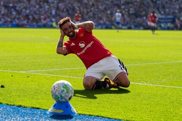 Goal - Bruno Fernandes of Manchester United, ManU celebrates the third goal. Brighton and Hove Albion v Manchester United, Premier League, Football, American Express Community Stadium, Brighton, UK - 24 May 2026Brighton American Express Community Stadi United Kingdom EDITORIAL USE ONLY No use with unauthorised audio, video, data, fixture lists, club league logos or live services. Online in-match use limited to 120 images, no video emulation. No use in betting, games or single club league player publications. Copyright: xSeanxRyan Shutterstockx 16889822ai