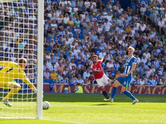 Goal - Bruno Fernandes of Manchester United, ManU scores the third goal. Brighton and Hove Albion v Manchester United, Premier League, Football, American Express Community Stadium, Brighton, UK - 24 May 2026Brighton American Express Community Stadi United Kingdom EDITORIAL USE ONLY No use with unauthorised audio, video, data, fixture lists, club league logos or live services. Online in-match use limited to 120 images, no video emulation. No use in betting, games or single club league player publications. Copyright: xSeanxRyan Shutterstockx 16889822ao