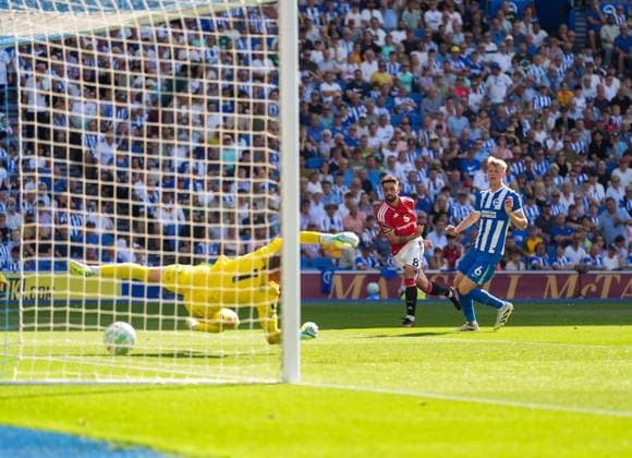 Goal - Bruno Fernandes of Manchester United, ManU scores the third goal. Brighton and Hove Albion v Manchester United, Premier League, Football, American Express Community Stadium, Brighton, UK - 24 May 2026Brighton American Express Community Stadi United Kingdom EDITORIAL USE ONLY No use with unauthorised audio, video, data, fixture lists, club league logos or live services. Online in-match use limited to 120 images, no video emulation. No use in betting, games or single club league player publications. Copyright: xSeanxRyan Shutterstockx 16889822ap