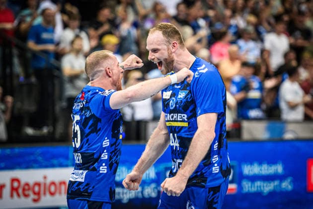 Lenny Rubin (TVB Stuttgart, 44) Jubel mit Patrick Zieker (TVB Stuttgart, 25) GER, TVB Stuttgart - SG Flensburg-Handewitt, DAIKIN HBL, Handball, Bundesliga, 32. Spieltag, Spielzeit 2025 2026, 24.05.2026 GER, TVB Stuttgart - SG Flensburg-Handewitt, DAIKIN HBL, Handball, Bundesliga, 32. Spieltag, Spielzeit 2025 2026, 24.05.2026 Stuttgart Copyright: xSandyxDinkelackerx EP_SDR