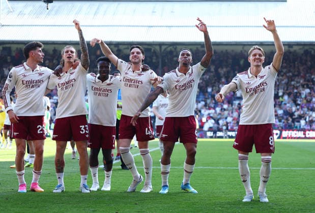 London, England, 24th May 2026. Kai Havertz, Riccardo Calafiori, Bukayo Saka, Declan Rice, Gabriel, Martin Odegaard of Arsenal celebrate winning the Premier League during the Crystal Palace vs Arsenal Premier League match at Selhurst Park, London. Picture credit should read: Paul Terry Sportimage EDITORIAL USE ONLY. No use with unauthorised audio, video, data, fixture lists, club league logos or live services. Online in-match use limited to 120 images, no video emulation. No use in betting, games or single club league player publications. SPI_060_PT_Palace_Arsenal SPI-4818-0057