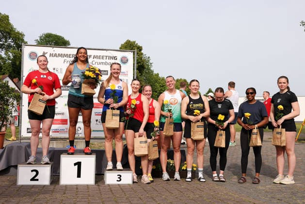 Fränkisch-Crumbach am 24.Mai 2026 Hammerwurf-Meeting in Fränkisch-Crumbach , HAM Frauen, women A , age group from 2003 v.l., Women A Podium, 2.Platz BORUTTA,Samantha (GER) Eintracht Frankfurt, 1.Platz WEIR, Jilian (CAN), 3.Platz HALLERTH, Rebecka (SWE) Schweden Copyright: JoaquimxFerreira