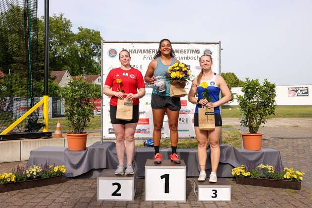 Fränkisch-Crumbach am 24.Mai 2026 Hammerwurf-Meeting in Fränkisch-Crumbach , HAM Frauen, women A , age group from 2003 v.l., Women A Podium, 2.Platz BORUTTA,Samantha (GER) Eintracht Frankfurt, 1.Platz WEIR, Jilian (CAN), 3.Platz HALLERTH, Rebecka (SWE) Schweden Copyright: JoaquimxFerreira
