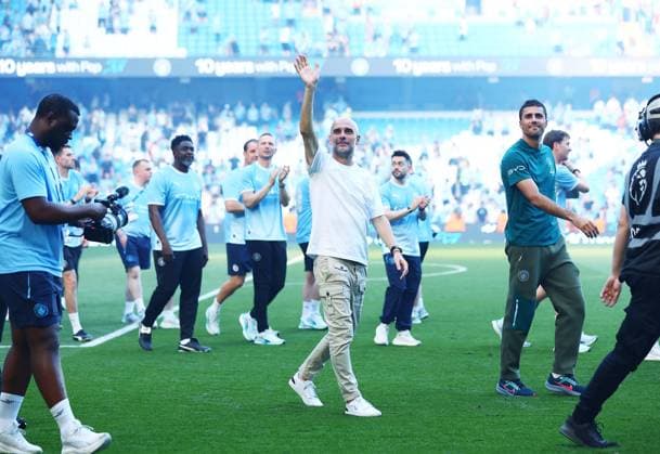 Manchester City manager Pep Guardiola waves to the fans at the end of the match Manchester City v Aston Villa, Premier League, Football, Etihad Stadium, Manchester, UK - 24 May 2026Manchester Etihad Stadium United Kingdom EDITORIAL USE ONLY No use with unauthorised audio, video, data, fixture lists, club league logos or live services. Online in-match use limited to 120 images, no video emulation. No use in betting, games or single club league player publications. Copyright: xMattxWest Shutterstockx 16889851ar