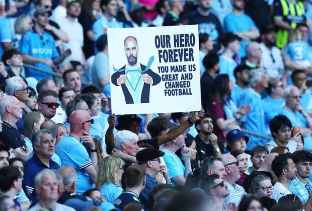 A Manchester City fan displays a sign for manager Pep Guardiola Manchester City v Aston Villa, Premier League, Football, Etihad Stadium, Manchester, UK - 24 May 2026Manchester Etihad Stadium United Kingdom EDITORIAL USE ONLY No use with unauthorised audio, video, data, fixture lists, club league logos or live services. Online in-match use limited to 120 images, no video emulation. No use in betting, games or single club league player publications. Copyright: xMattxWest Shutterstockx 16889851ba