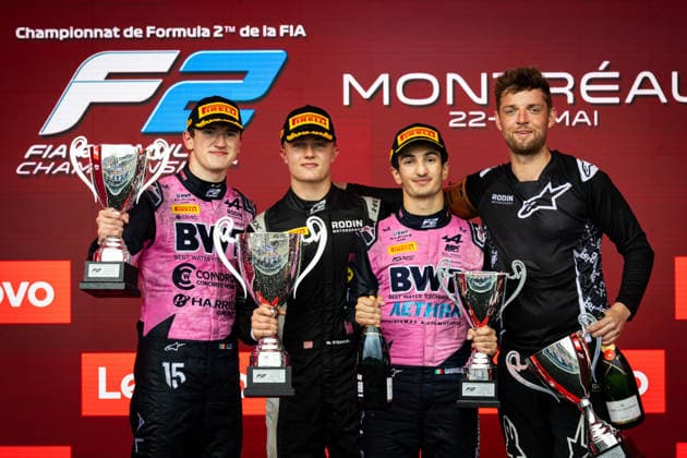 AUTO - FORMULA 2 2026 - MONTREAL STENSHORNE Martinus (nor), Rodin Motorsport, Dallara F2 2024, DUNNE Alex (irl), Rodin Motorsport, Dallara F2 2024, MINI Gabriele (ita), MP Motorsport, Dallara F2 2024, portrait, podium during the 3rd round of the 2026 FIA Formula 2 Championship from May 22 to 24, 2026 on the Circuit Gilles Villeneuve, in Montrà al, Canada - Montrà alCanada Copyright: xDiederikxvanxderxLaanx