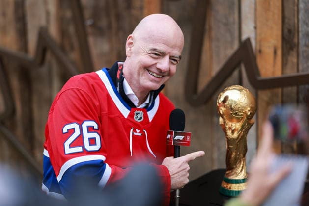 F1 Grand Prix Of Canada - President Of FIFA Gianni Infantino Visits Paddock Gianni Infantino, president of the International Federation of Association Football (FIFA), wears a Montreal Canadiens jersey as he speaks to the press with a 2026 FIFA World Cup, WM, Weltmeisterschaft, Fussball trophy during the Formula 1 Lenovo Grand Prix of Canada Driver s Parade at the Circuit Gilles Villeneuve in Montreal, Quebec, Canada, on May 24, 2026. Montreal, Quebec Canada Copyright: xReginaldxMathalonex originalFilename:mathalone-notitle260524_npx5G.jpg