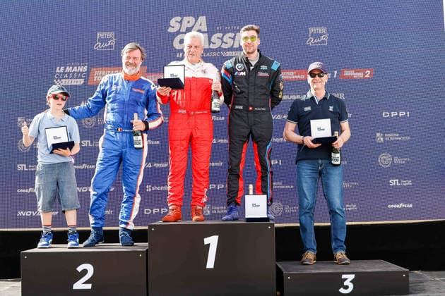 LE MANS CLASSIC SERIES 2026 - SPA-CLASSIC 83 TRABER Christian (che), TRABER Nicolas (che), BMW 635 CSi Gr. 2 1981, +2L 12V, Heritage Touring Cup 1, 09 STUDER Thomas (che), Ford Capri RS 2600 1973, +2L 12V, Heritage Touring Cup 1, 75 MESTDAGH Eric (bel), BMW 3.0 CSL 1974, +2L 12V, Heritage Touring Cup 1, Podium portrait during the 2026 Spa-Classic, 2nd round of the Le Mans Classic Series 2026, from May 22 to 24 in Circuit de Spa-Francorchamps, in Stavelot, Belgium - StavelotBelgium Copyright: xPauloxMariax