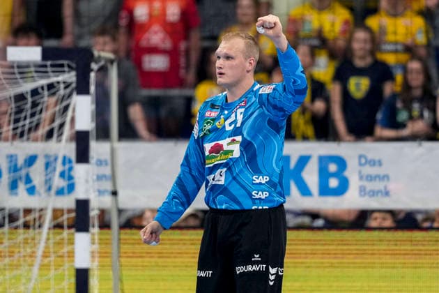 David Späth (Torwart, RNL, 29), Einzelbild, Einzelfoto, Aktion, Action, Jubel, jubeln, jubelt, celebration, Freude, freuen, freut sich, zuversichtlich, optimistisch, positiv, Spielszene, 24.05.2026, Mannheim (Deutschland), Handball, Bundesliga, Rhein-Neckar Löwen - SC Magdeburg
